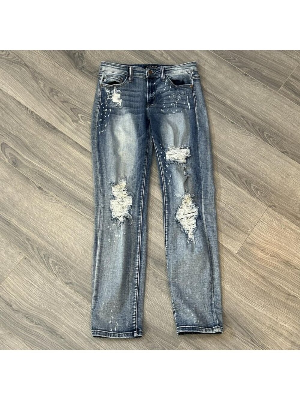 Judy Blue Jeans Womens 5/27 Blue Light Wash Boyfriend Distressed Paint Splatter